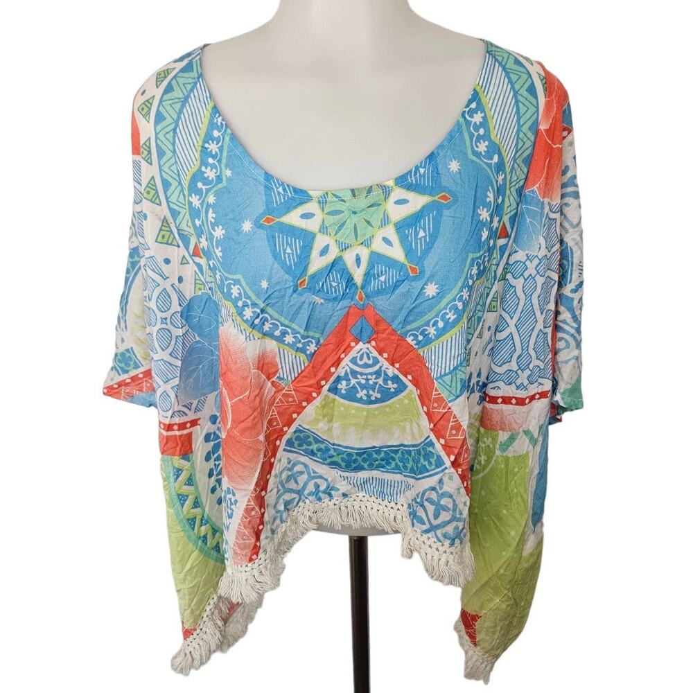 Rusty Multicolor Boho Floral Fringe Edge Boxy Fit Beach Coverup Top Small Medium
